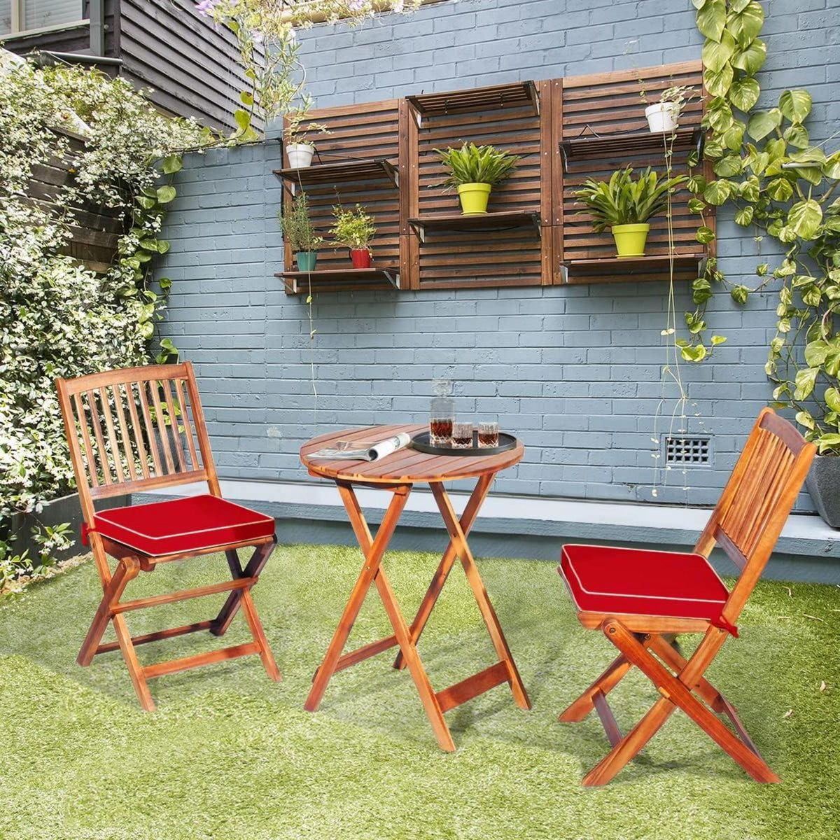 Gartenmöbel Set Akazienholz klappbar Rundtisch Stühlen Kissen Rot