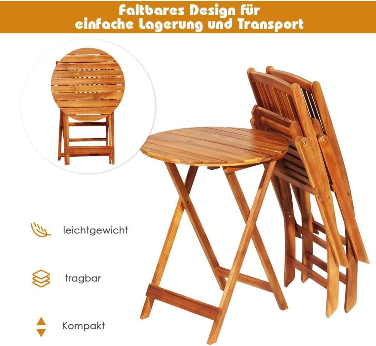 3tlg. Gartenmöbel Set aus Akazienholz mit klappbaren Stühlen