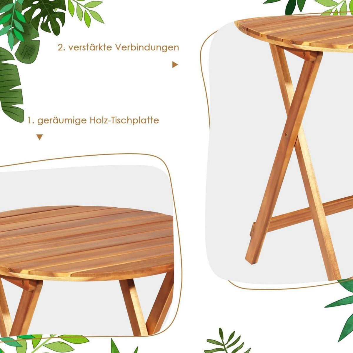 3tlg. Gartenmöbel Set Akazienholz klappbar Rundtisch Stühle Kissen Blau