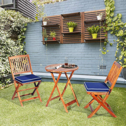 3tlg. Gartenmöbel Set Akazienholz klappbar Rundtisch Stühle Kissen Blau