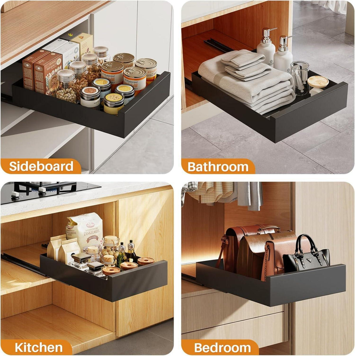 Telescopic Pull Out Drawer Organiser Kitchen Cabinet Storage 30x53x8cm Black