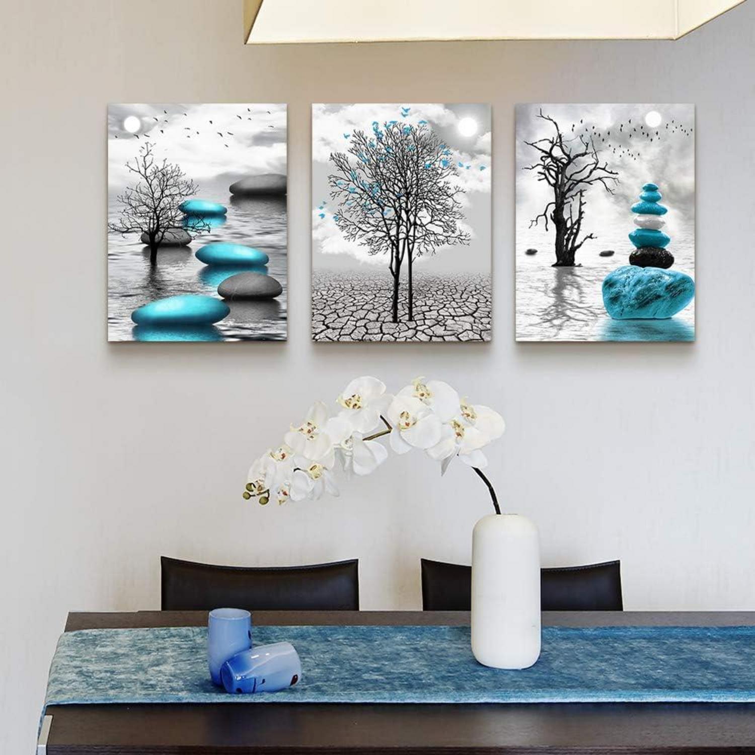 MHARTK66 Bilder Schwarz Weiß Großer Baum See Landschaft Natur Wandbilder Wohnzimmer 40x58cm 3er Set