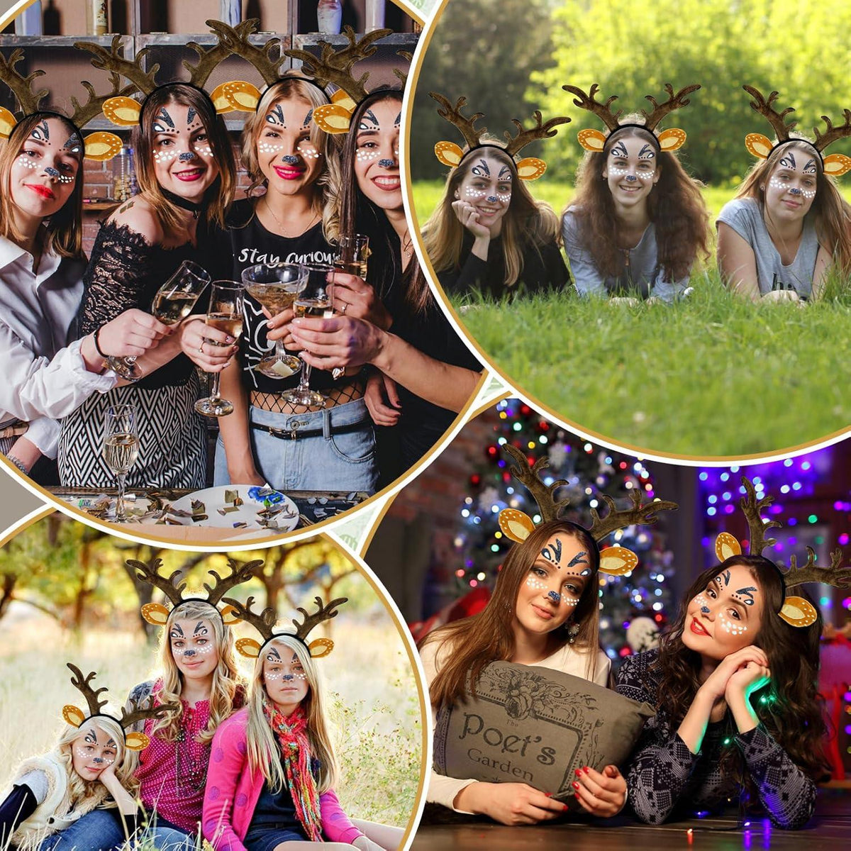 Rentier Haarreif mit Ohren und Gesichtstattoo für Fasching und Halloween