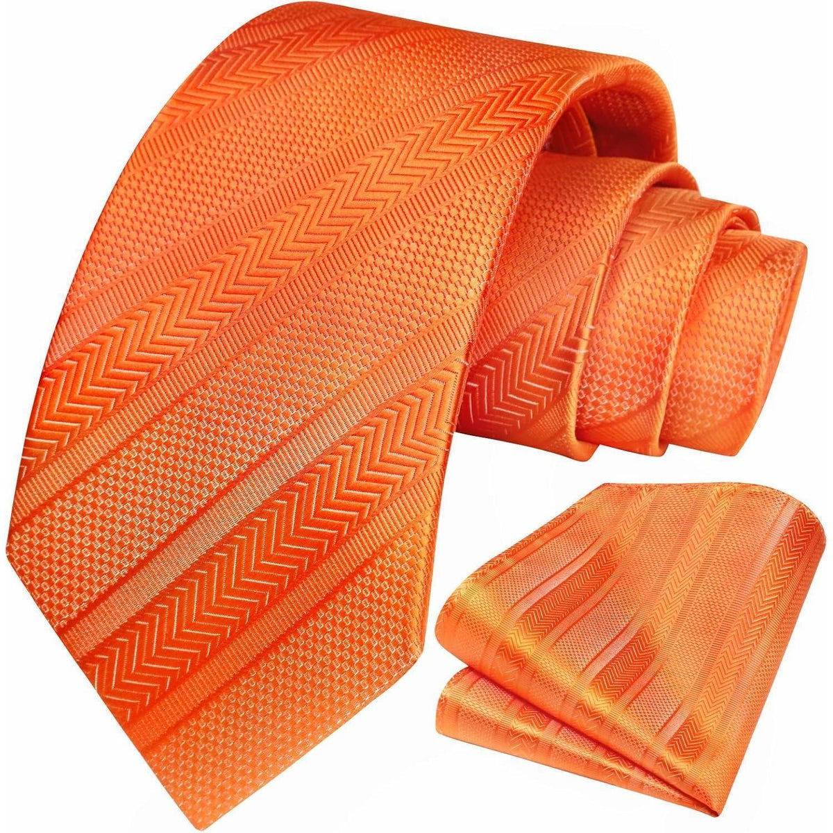 Herren Krawatten-Set mit Einstecktuch, Orange Gestreift