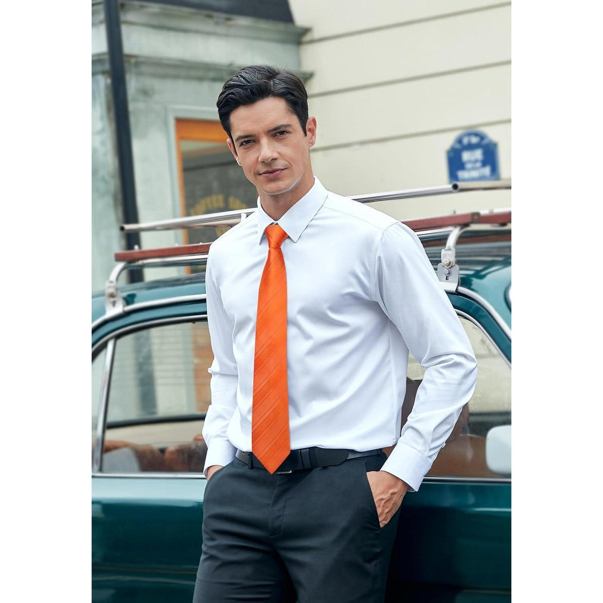 Herren Krawatten-Set mit Einstecktuch, Orange Gestreift