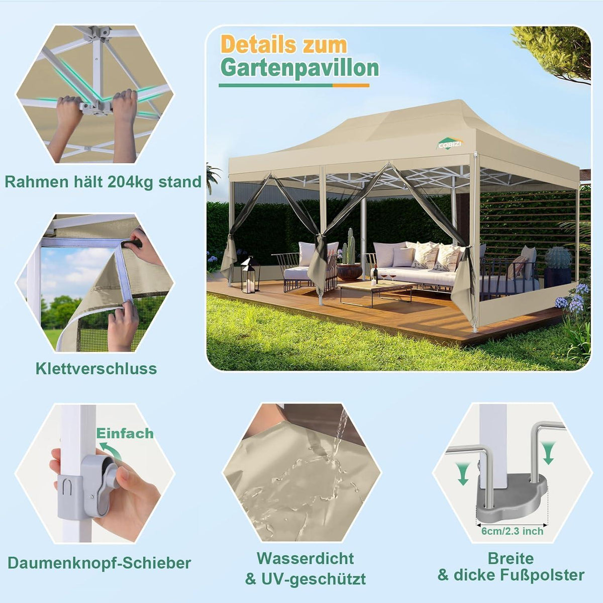 Faltpavillon 3x6m mit Moskitonetz & UV-Schutz