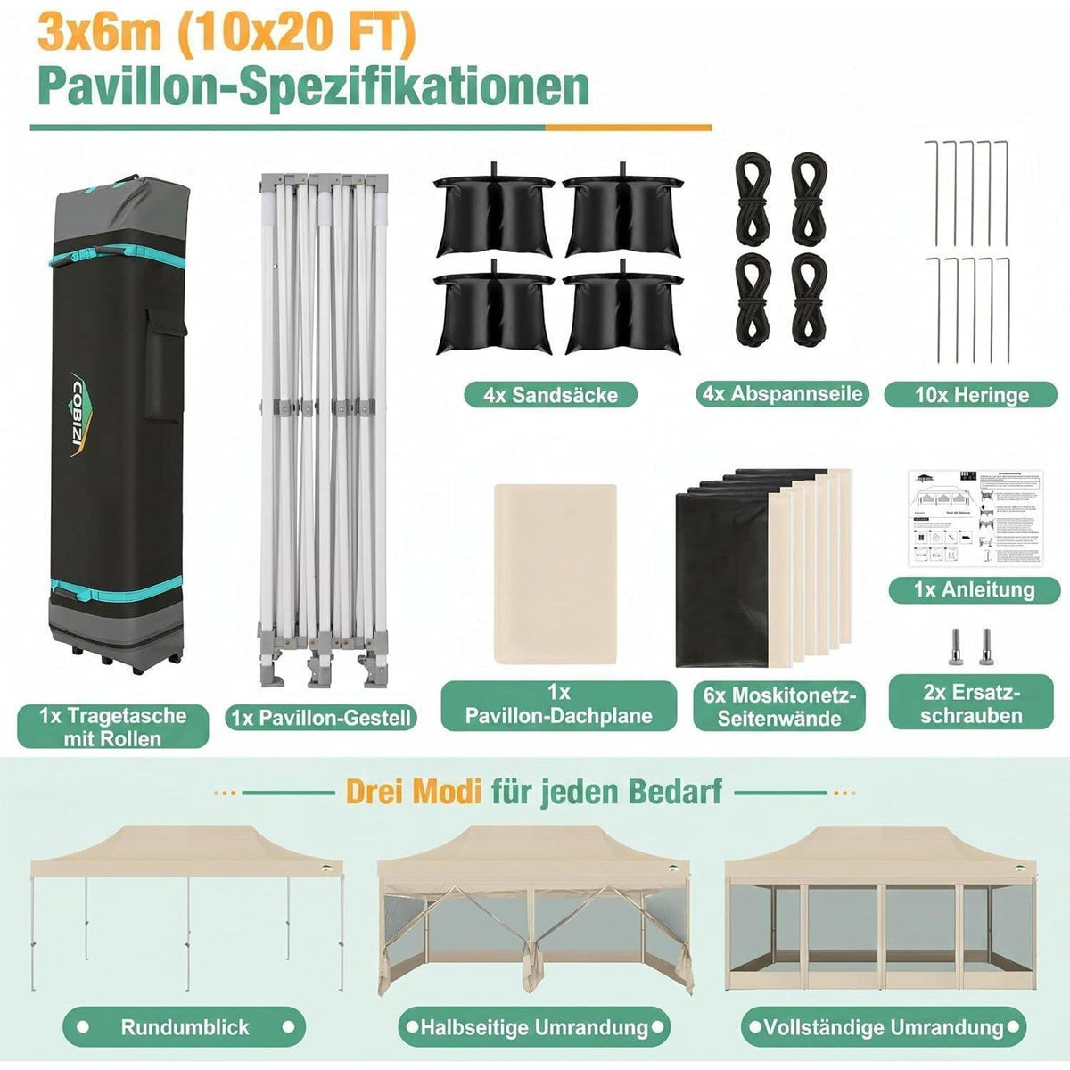 Faltpavillon 3x6m mit Moskitonetz & UV-Schutz