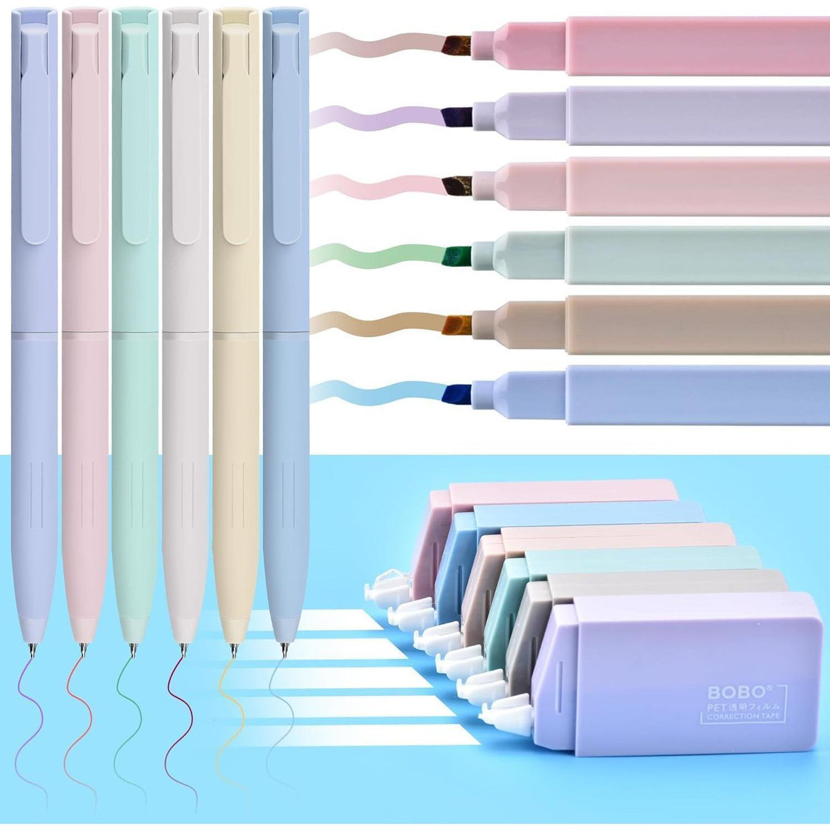 18-teiliges Aesthetic Schreibset: Textmarker, Gelstifte & Korrekturroller