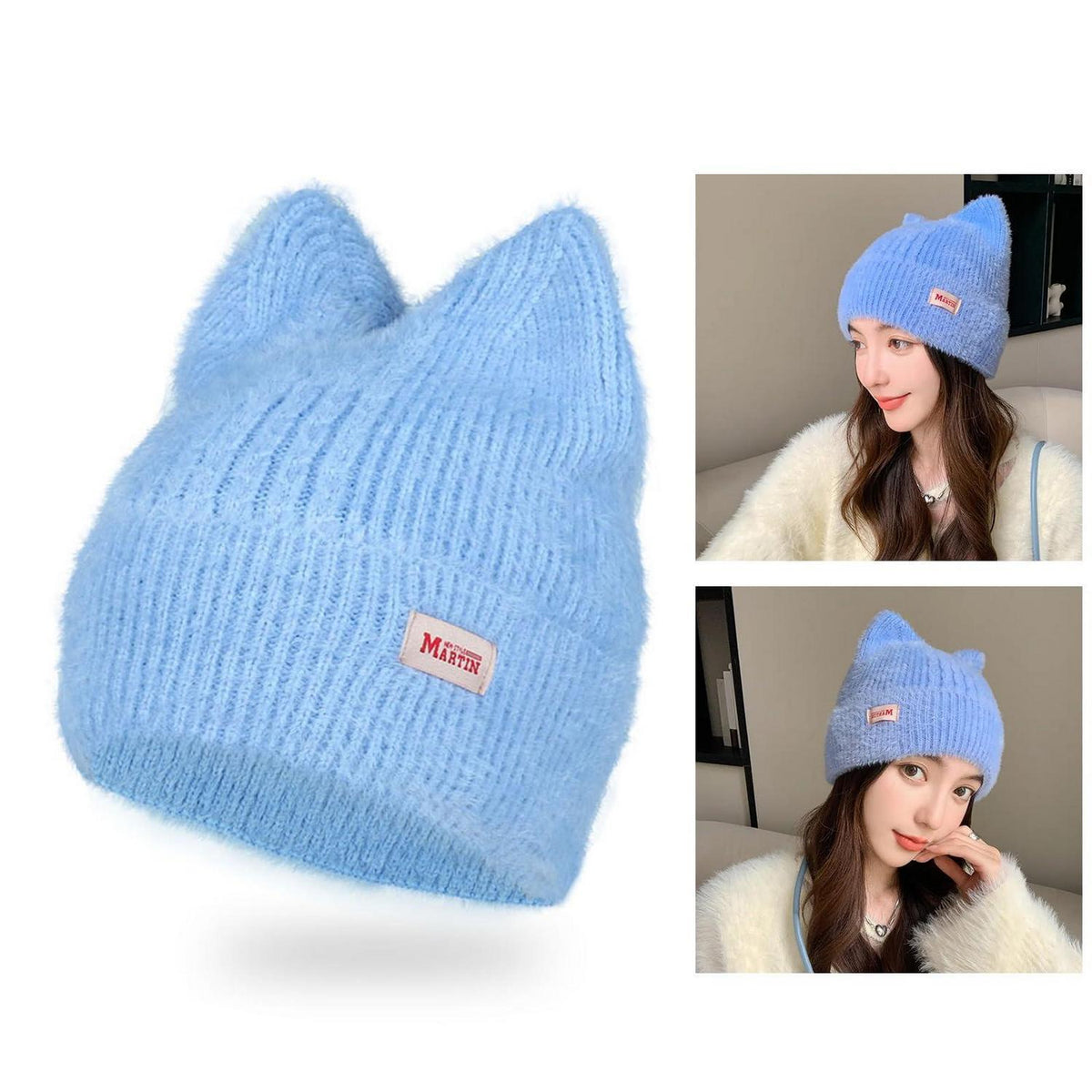 Strickmütze mit Katzenohren für Damen, warme Wintermütze