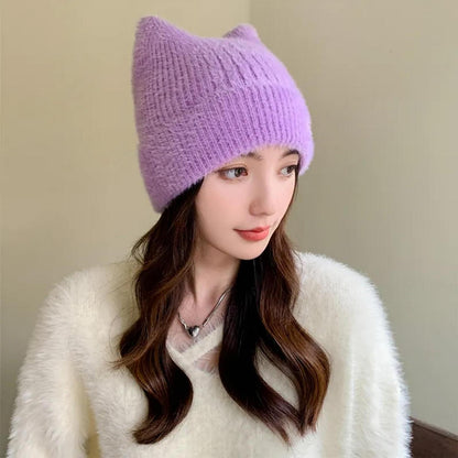Strickmütze mit Katzenohren für Damen, warme Wintermütze
