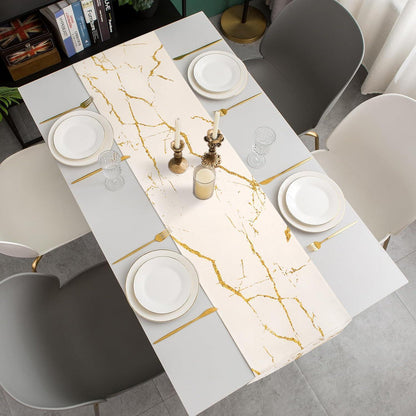 Moderner Tischläufer Weiß Marmor Gold 33x183 cm Leinen