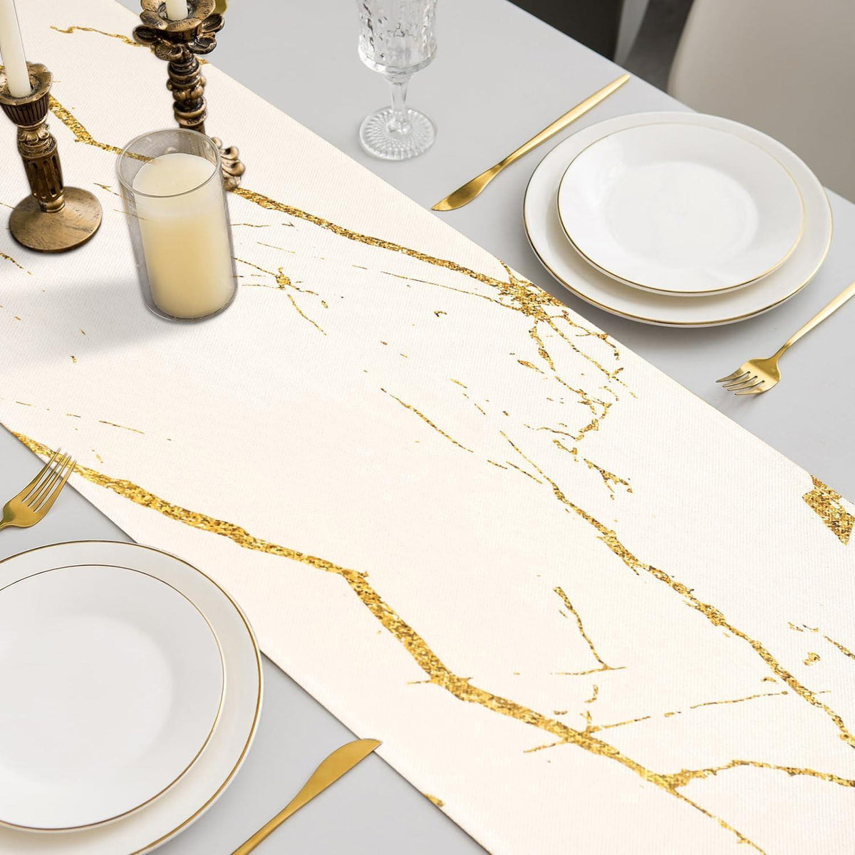 Moderner Tischläufer Weiß Marmor Gold 33x183 cm Leinen