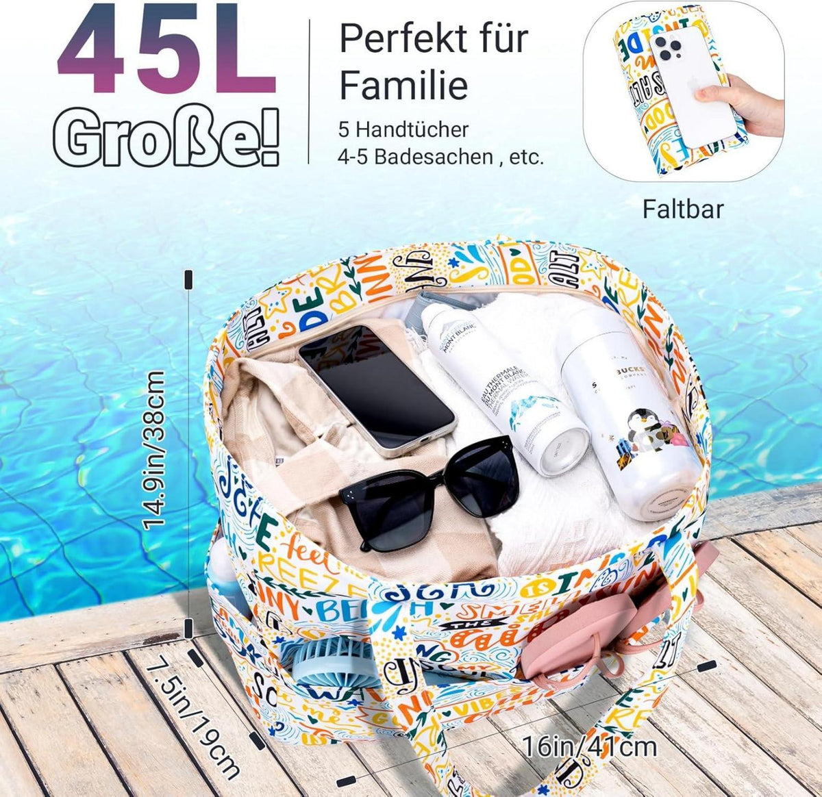 Strandtasche XXL mit Reißverschluss und mehreren Stauräumen