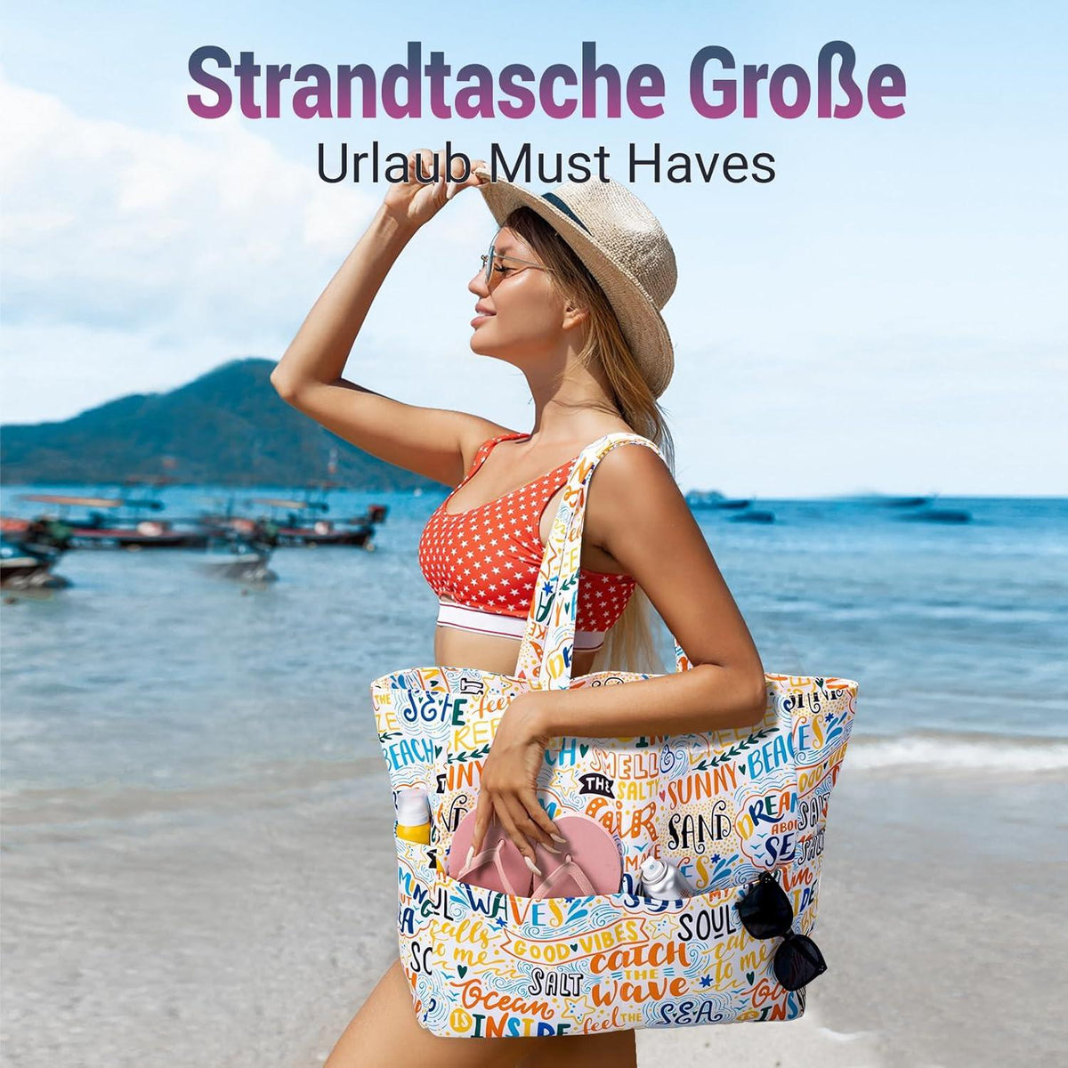 Strandtasche XXL Damen mit Reißverschluss - Große Badetasche Beach Bag