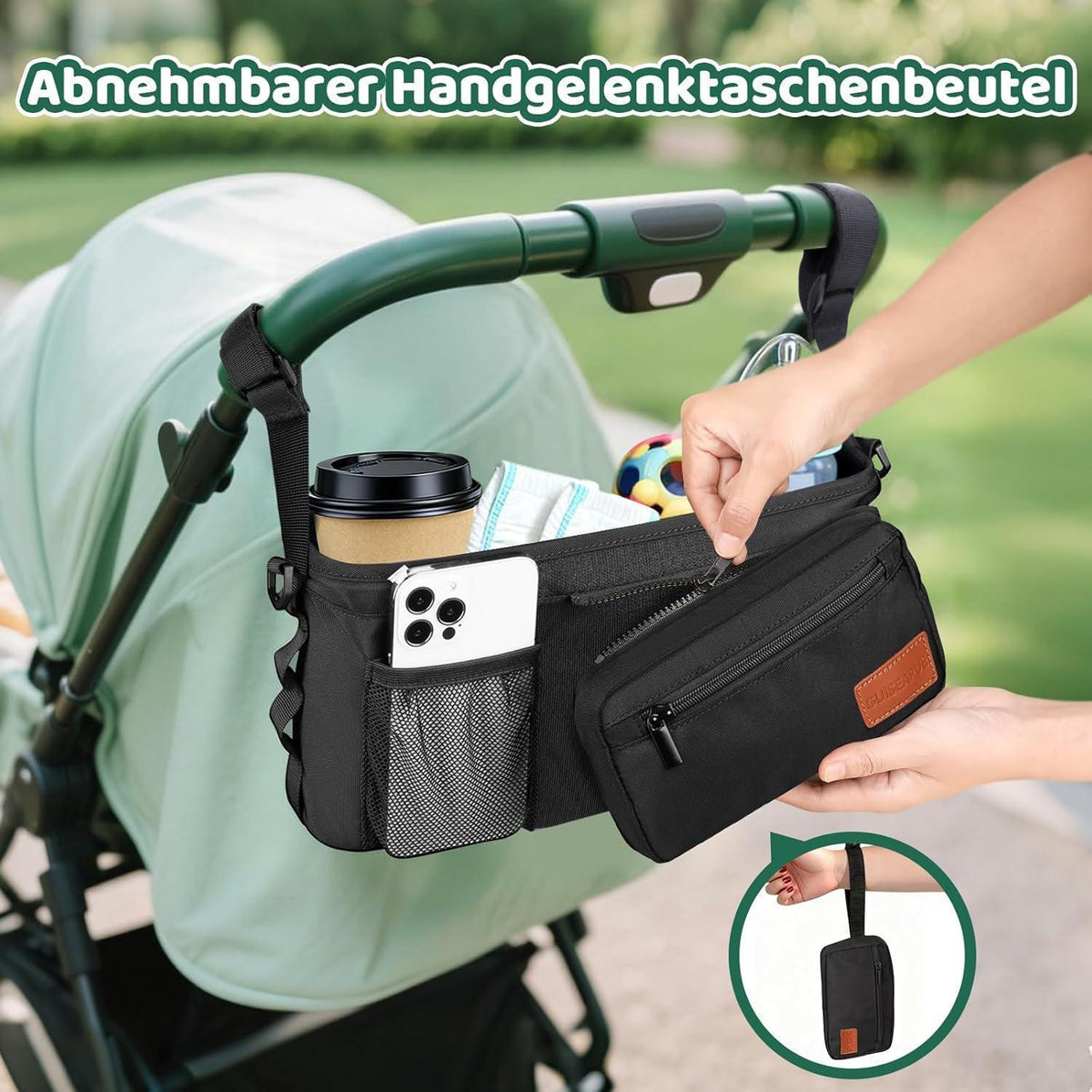 Kinderwagen Organizer mit Getränkehalter & Tasche Schwarz