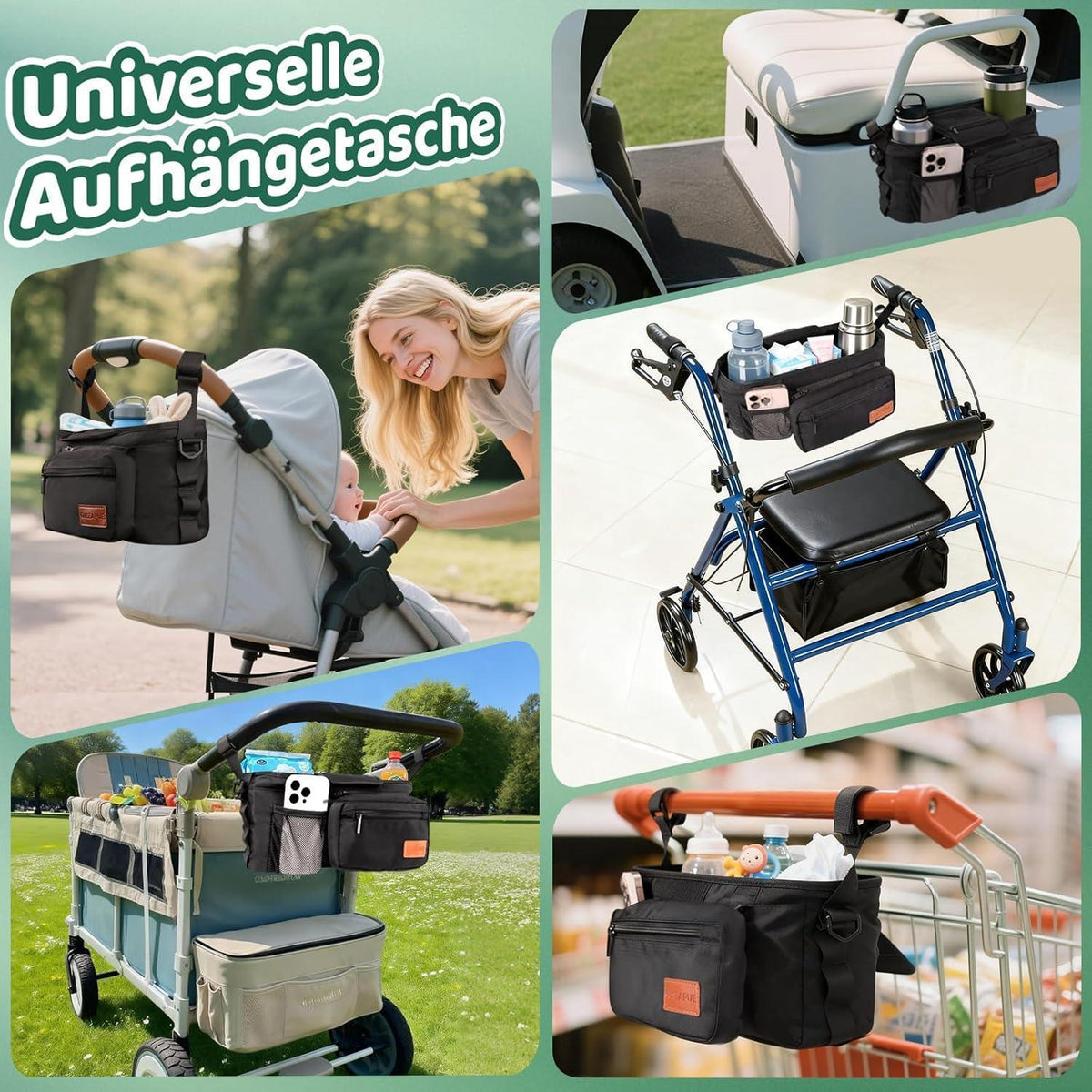 Kinderwagen Organizer mit Getränkehalter & Tasche Schwarz
