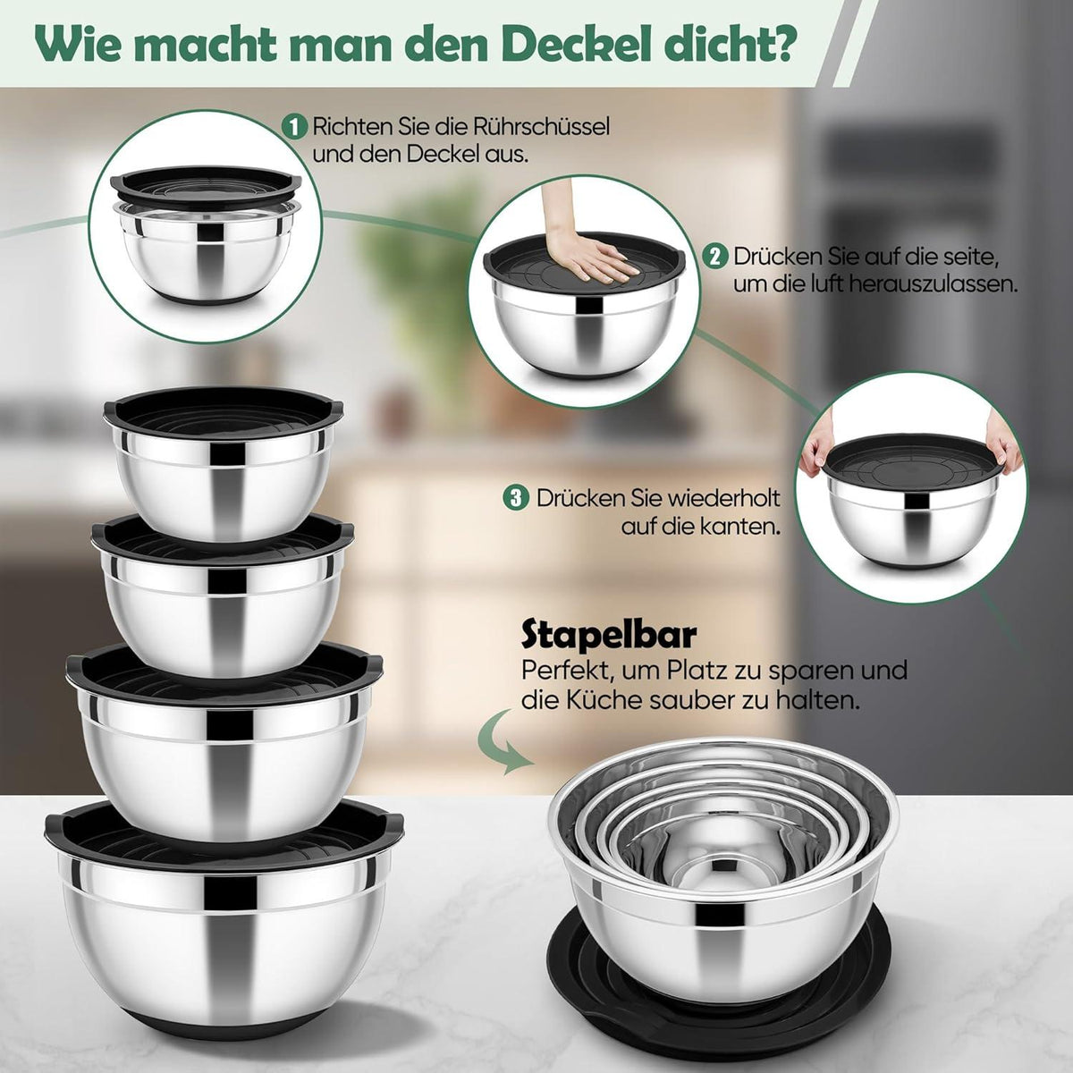 Edelstahl Rührschüssel Set mit Luftdichtem Deckel und Silikonboden