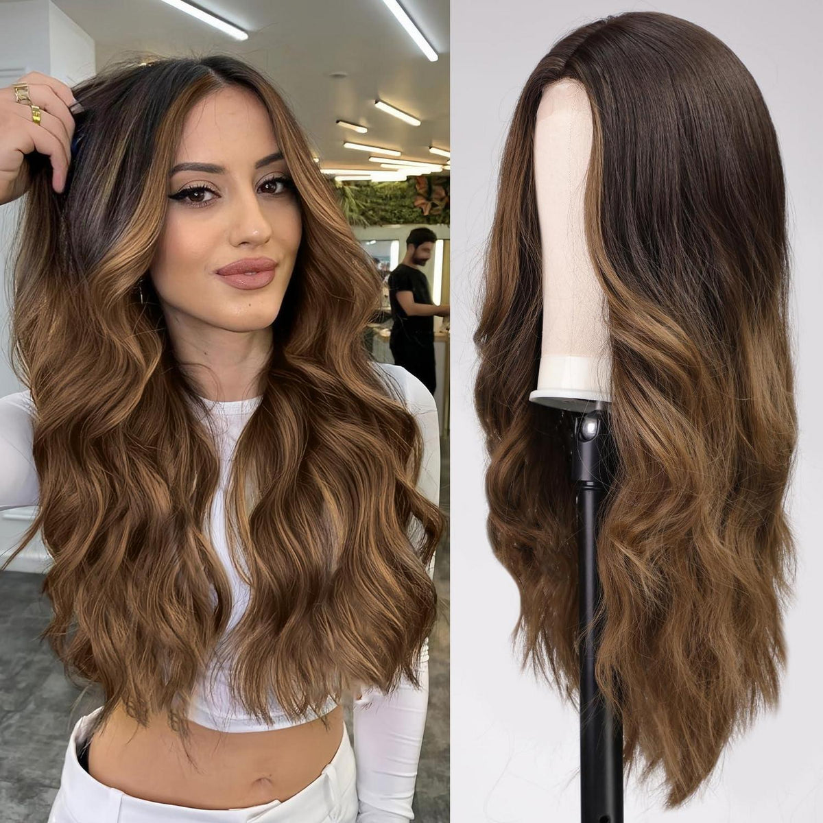 Lange braun-blonde Ombre Wellenperücke mit Lace Front 26 Zoll