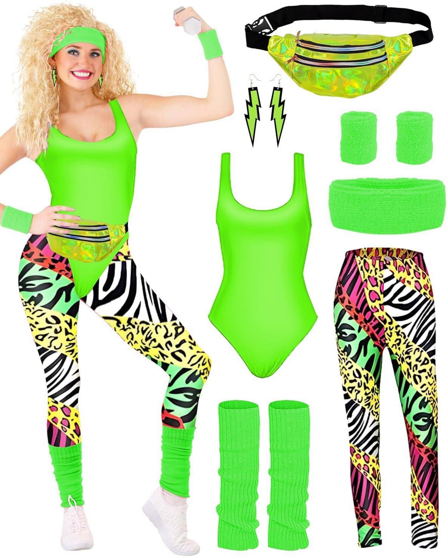 80er-Jahre Damen Outfit Set Retro Trainingsanzug Kostüm Accessoires