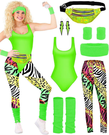 80er-Jahre Damen Outfit Set Retro Trainingsanzug Kostüm Accessoires
