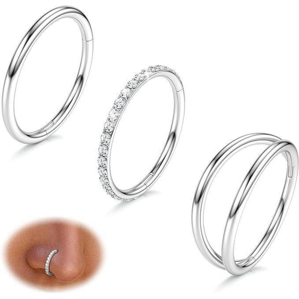 3er Set Nasenpiercing Ringe 316L Chirurgenstahl mit Zirkonia, 7-10mm