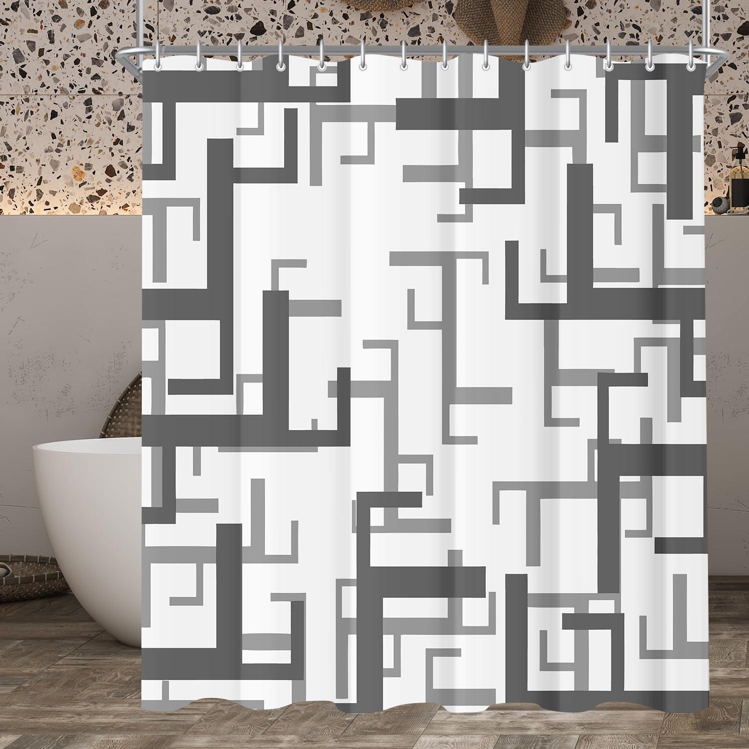 Duschvorhang Antischimmel Textil 150x200cm, Block Muster, Wasserabweisend, Polyester Stoff, 8 Ösen, Duschvorhangringe, Badezimmer, Badewanne