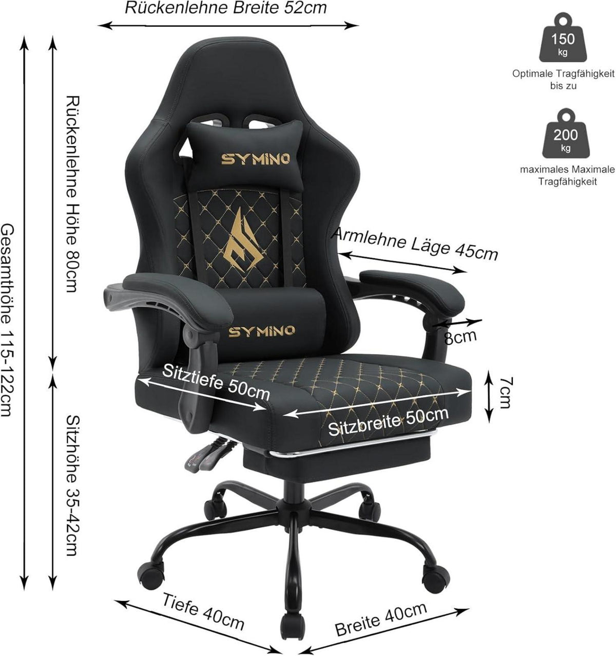 Ergonomischer Gaming Stuhl mit Fußstütze, Vintage PU Leder, Schwarz