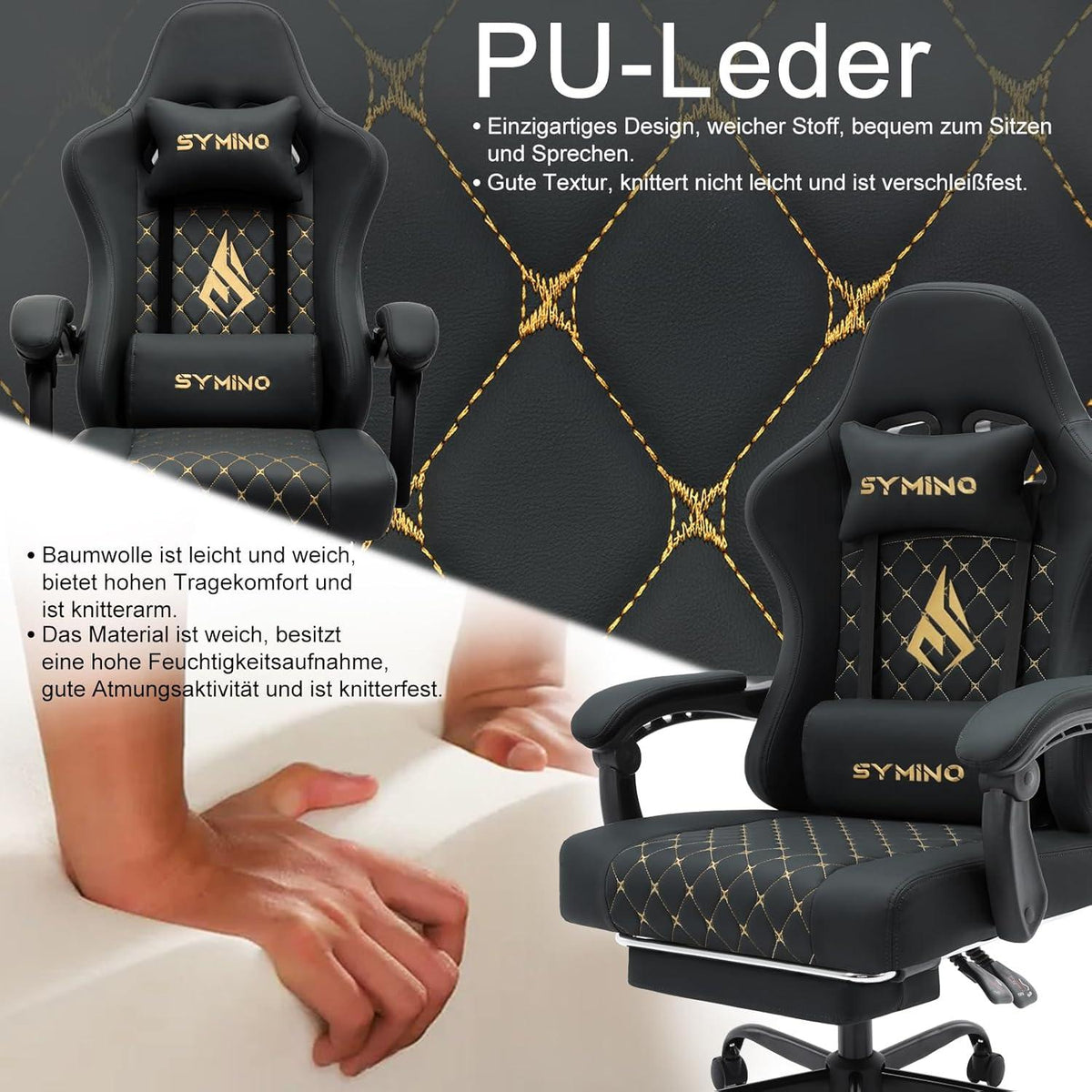 Symino Gaming Stuhl Racing Gamer Sessel mit Lendenwirbelstütze, Armlehnen, Fußstütze, PU Leder