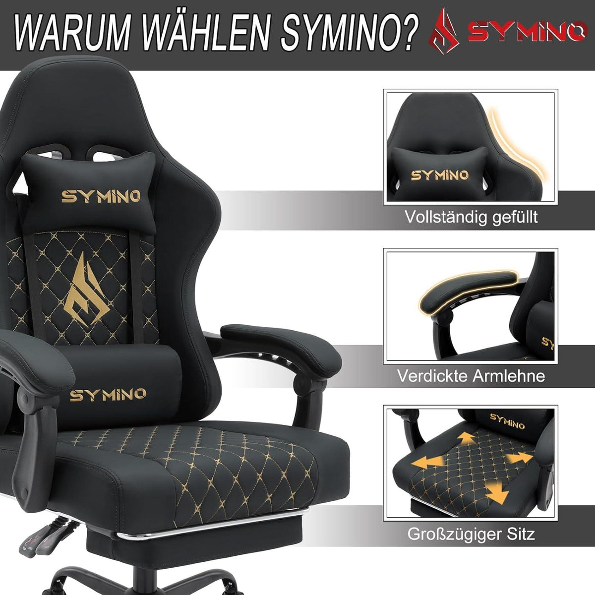 Gaming Stuhl mit Lendenwirbelstütze, Armlehnen & Fußstütze, Schwarz Vintage PU