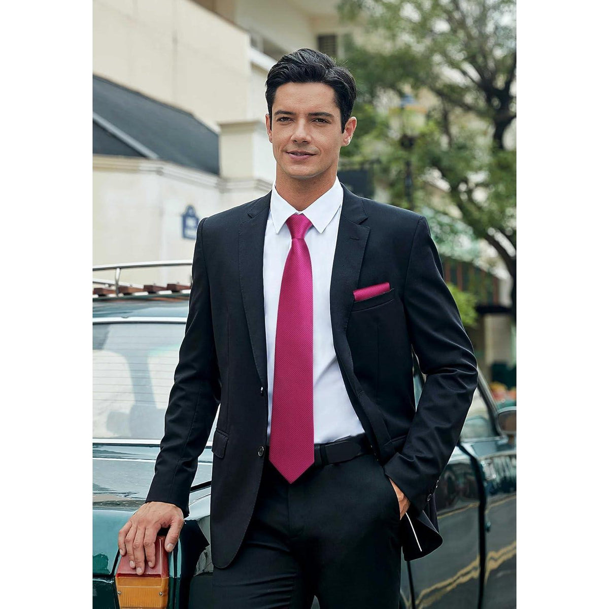 Herren Krawatte mit Einstecktuch Set, Elegant, Heißes Rosa