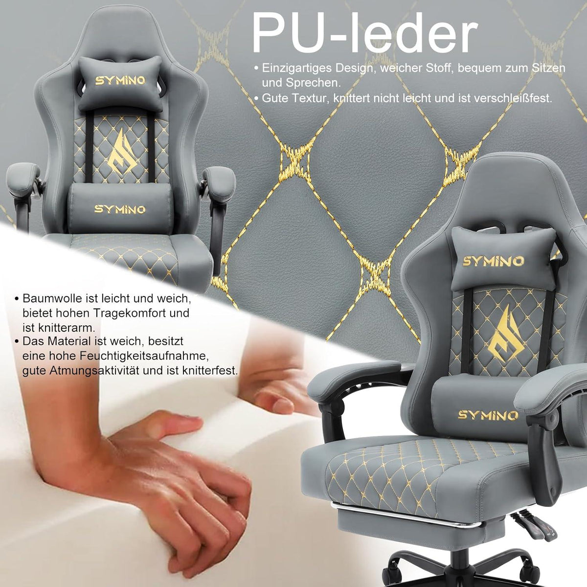 Symino Gaming Stuhl mit Lendenwirbelstütze und Fußstütze, Vintage PU Leder, 200KG Tragkraft, Grau