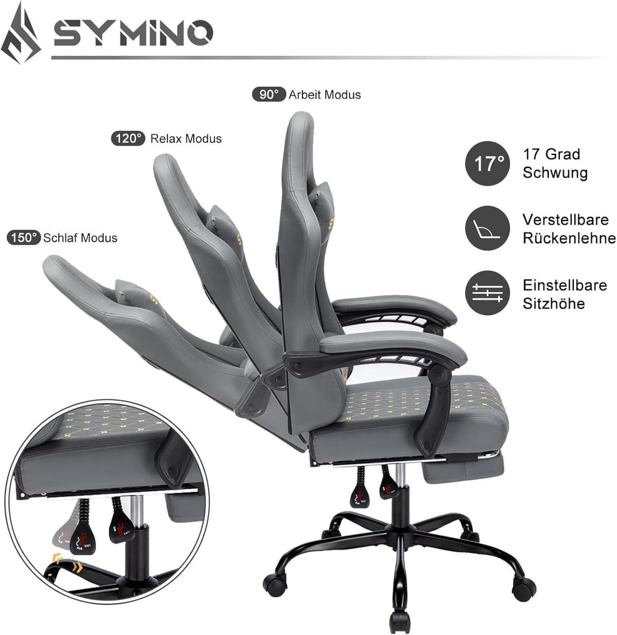 Symino Gaming Stuhl Racing Gamer Stuhl Lendenwirbelstütze Fußstütze 200KG Grau