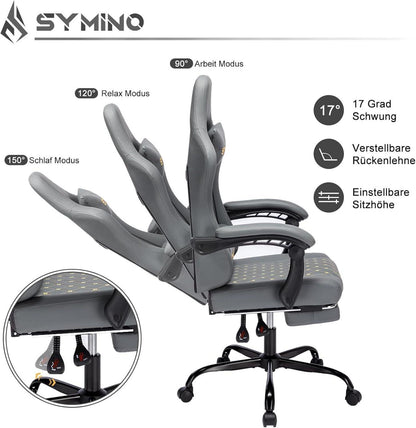 Symino Gaming Stuhl Racing Gamer Stuhl Lendenwirbelstütze Fußstütze 200KG Grau