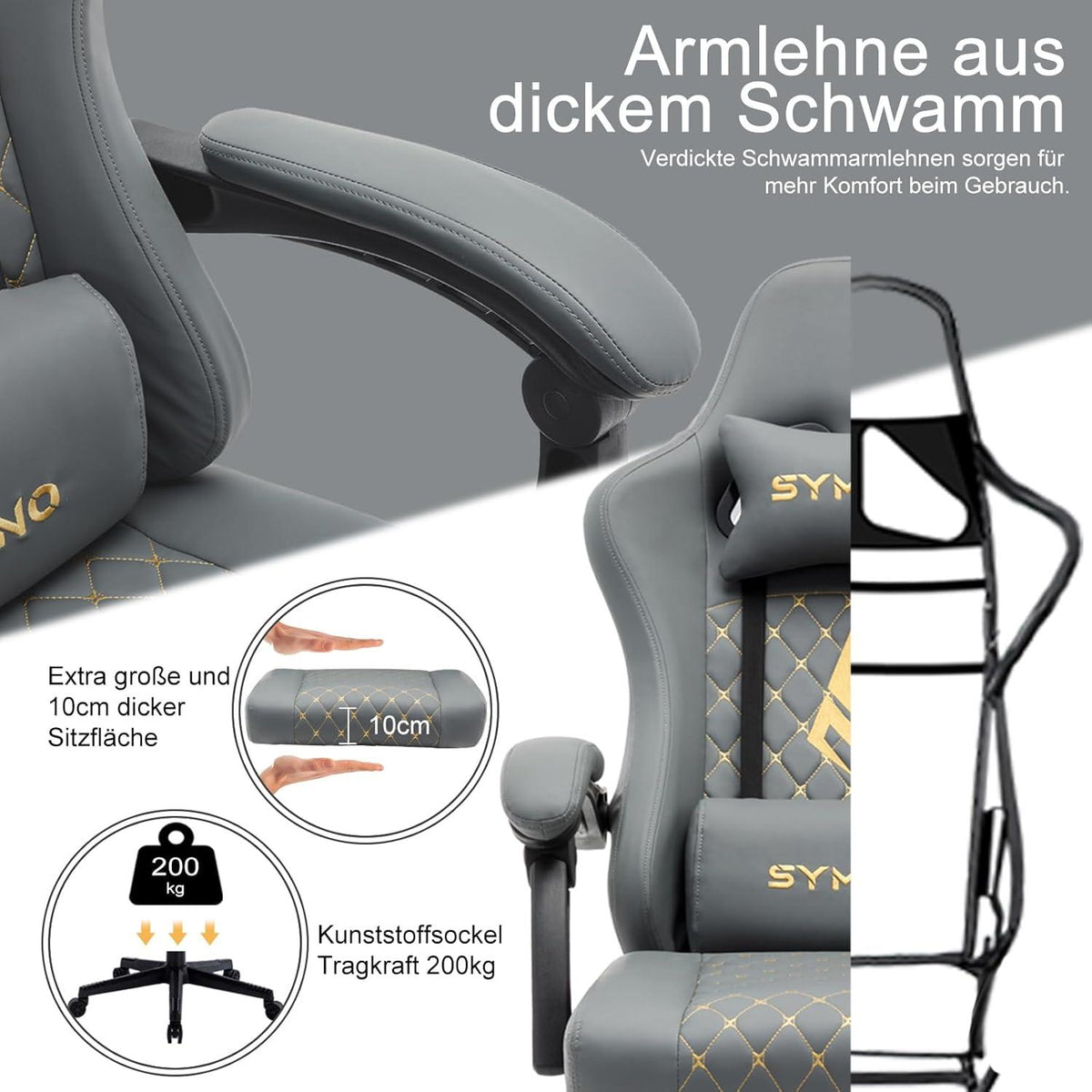 Gaming Stuhl Racer mit Fußstütze Leder Grau 200KG