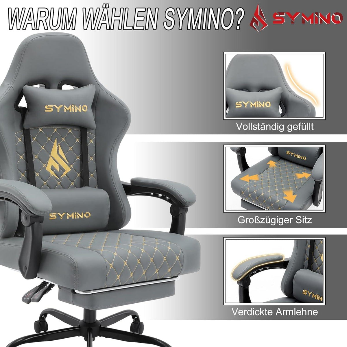 Symino Gaming Stuhl Racing Gamer Stuhl Lendenwirbelstütze Fußstütze 200KG Grau