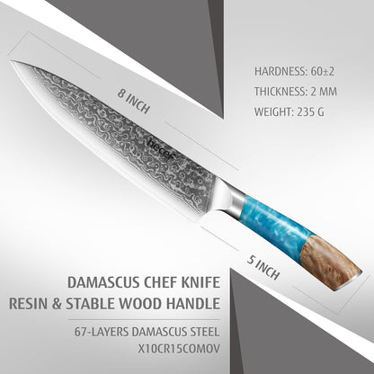 20cm Damast Kochmesser VG10 Stahlkern | Blauer Harzgriff