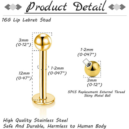 12er Lippenpiercing Set Chirurgenstahl 1,2mm 6-12mm Silber Gold Schwarz