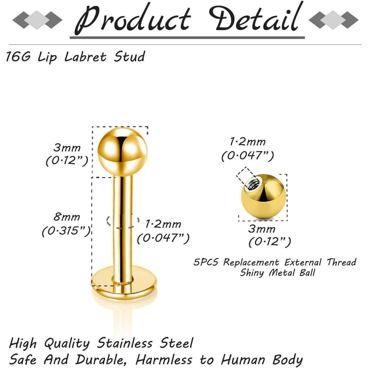 12er Lippenpiercing Set Chirurgenstahl Labret Helix Tragus Stud 1,2mm 8mm Silber Gold Schwarz