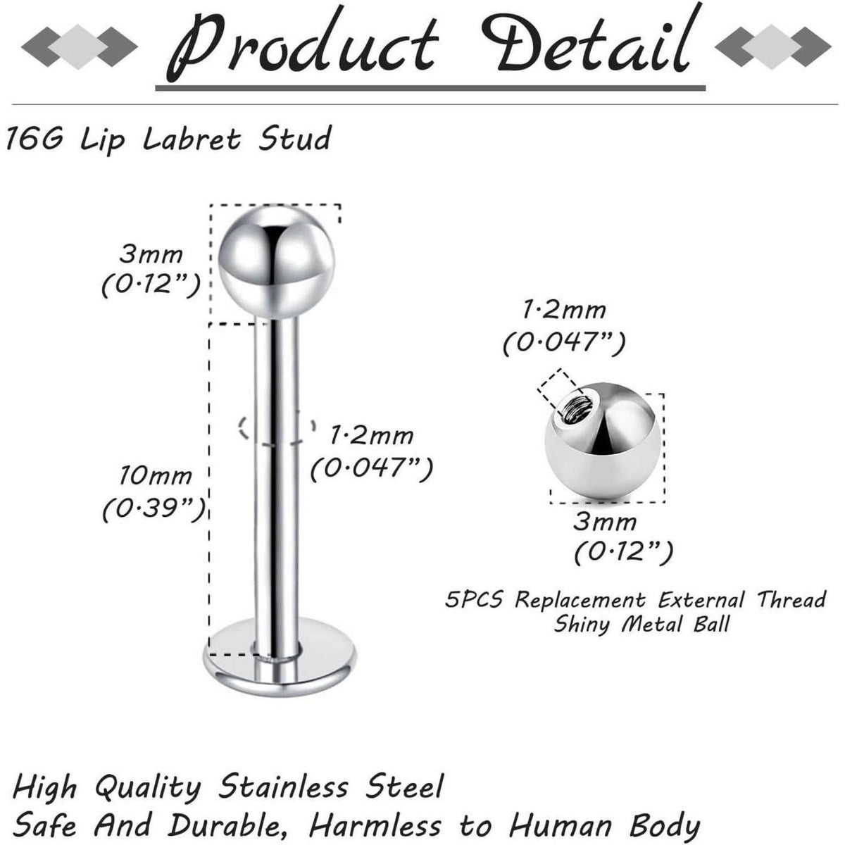 12er Lippenpiercing Set Chirurgenstahl Labret Helix Tragus 1,2mm 10mm Silber