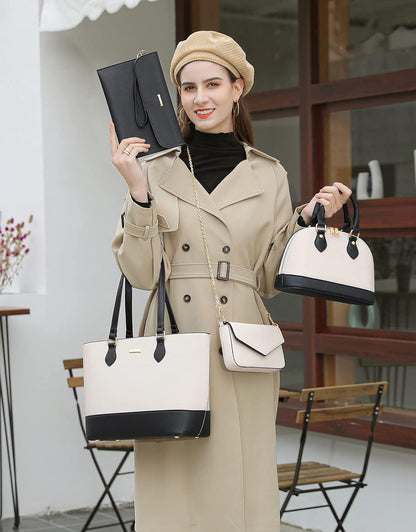 Bagsure Damen Handtaschen Set weiß-schwarz 4-teilig Büro Schule Einkauf Reise