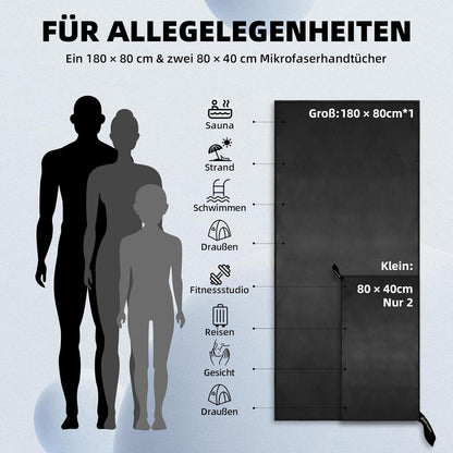 3er-Set Mikrofaser Fitness Handtuch, Groß & 2 Klein, Schwarz
