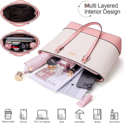 Damen Handtasche Schultertasche Tragetasche 4-teiliges Set weiß-rosa