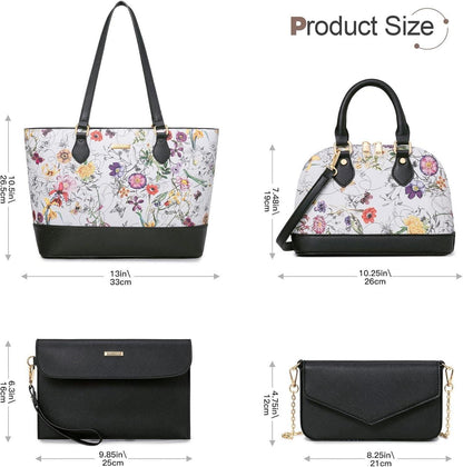 Bagsure Damen Handtasche Set Schultertasche Tragetasche 4-teilig Blumen