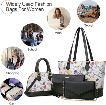 Bagsure Damen Handtasche Set Schultertasche Tragetasche 4-teilig Blumen