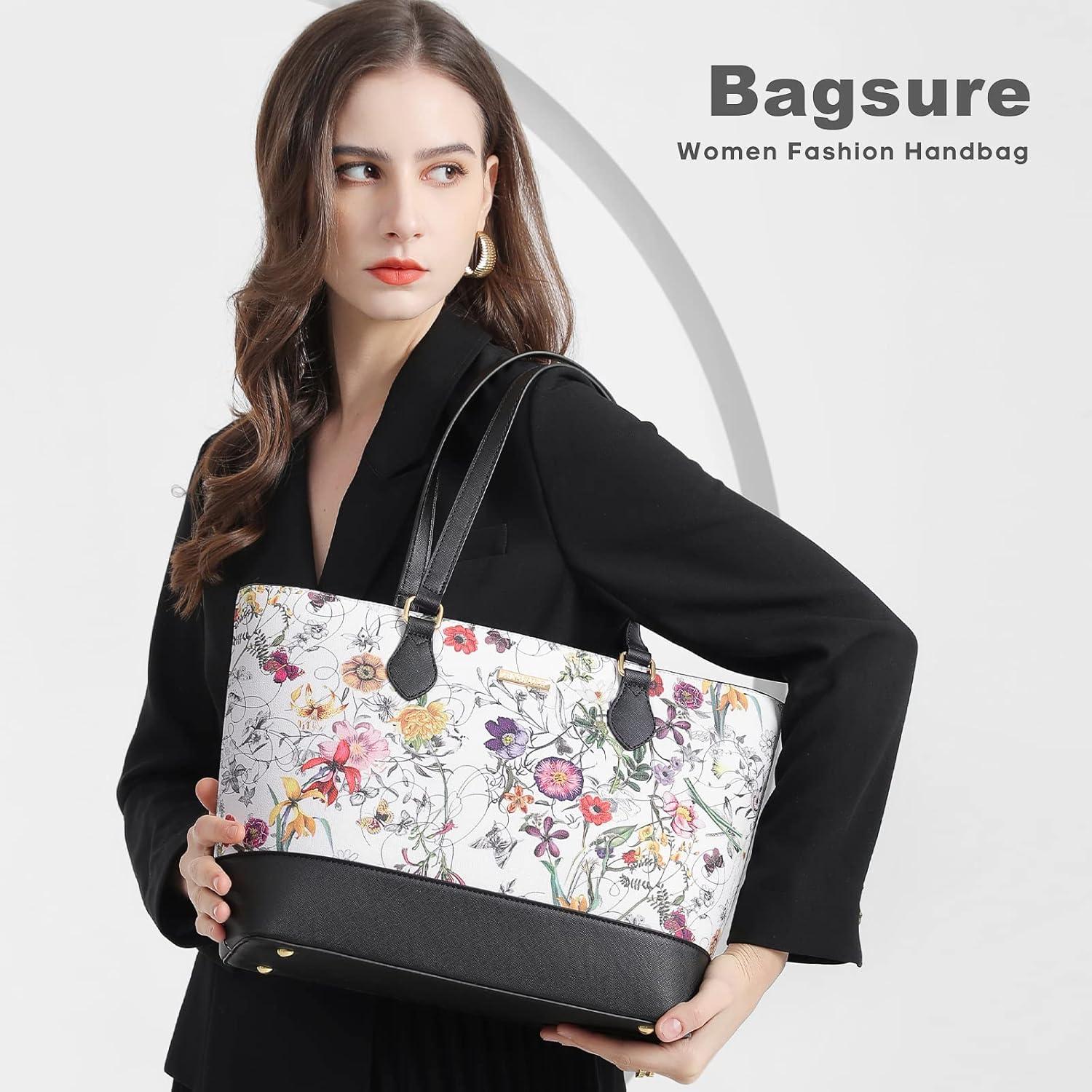 Bagsure Damen Handtasche 4-teiliges Set Blumenmuster Schwarz