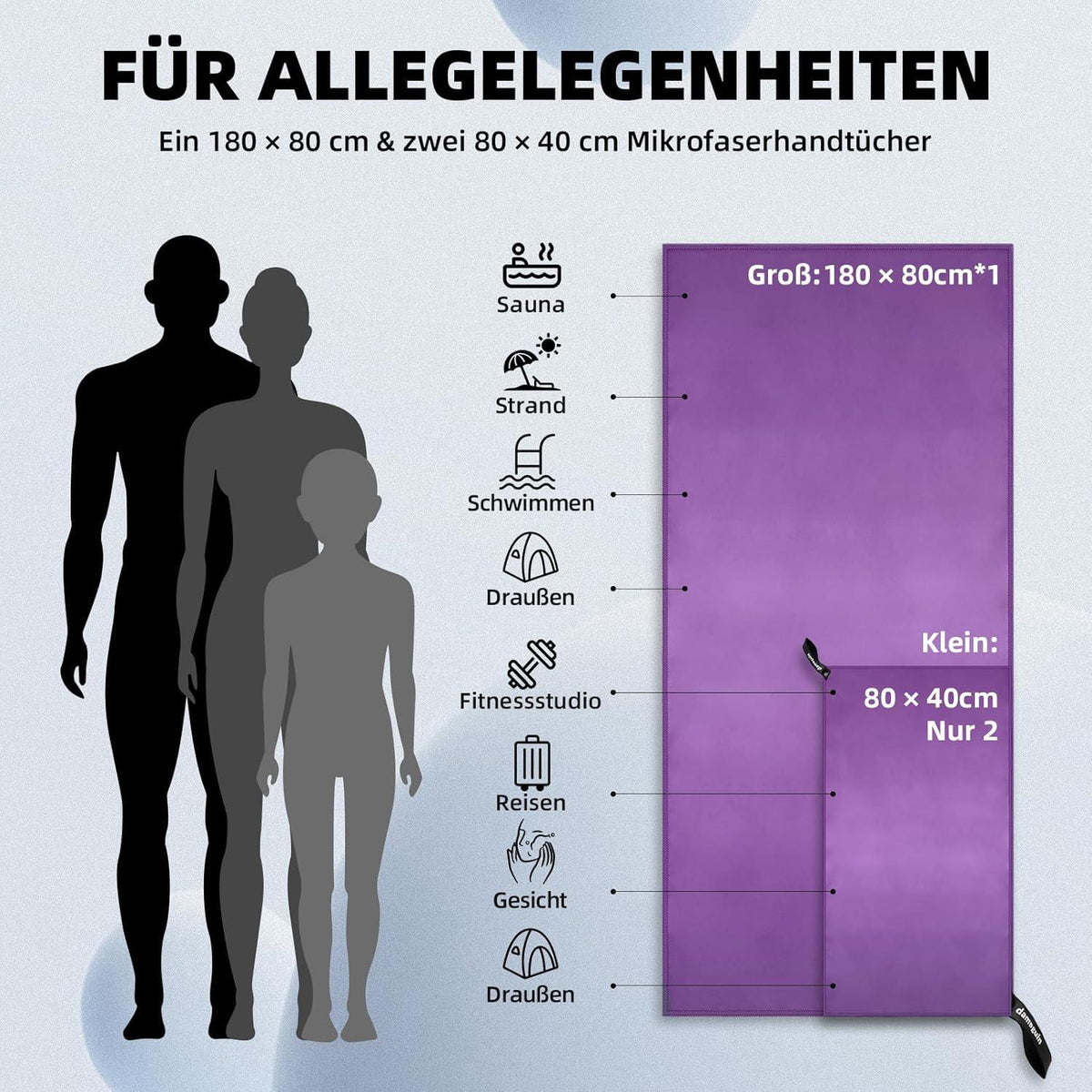3er-Set Mikrofaser Fitness Handtuch groß & klein lila