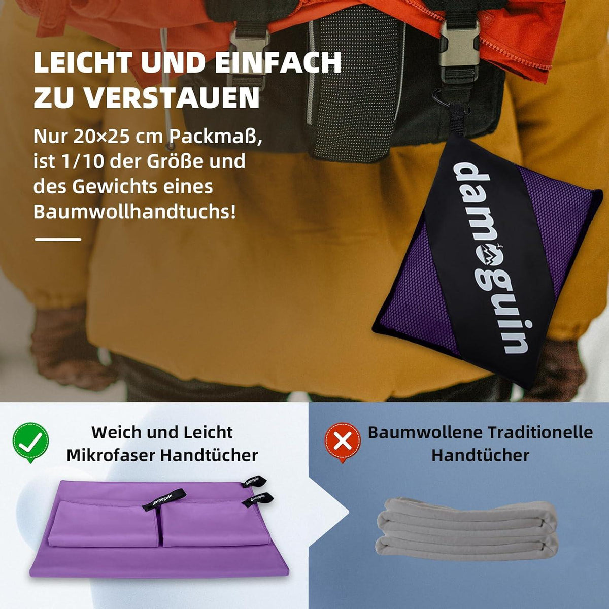 3er-Set Mikrofaser Handtuch Groß und Klein Schnelltrocknend Lila