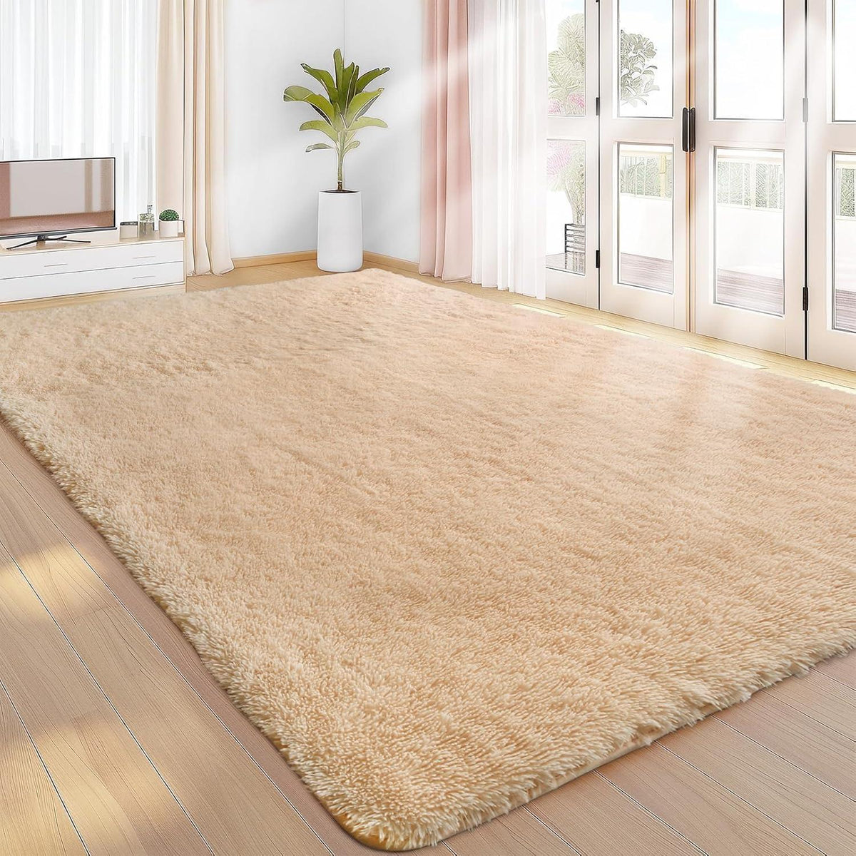 Hochflor Teppich Beige 240x340 - Flauschiger Wohnzimmerteppich
