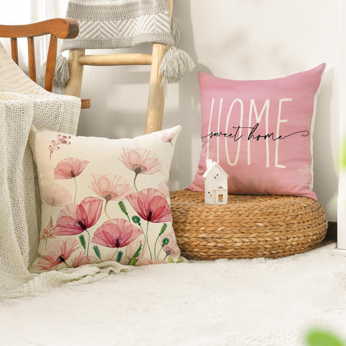 Kissenbezüge Klatschmohn 4er Set 45x45 cm Rosa/Beige