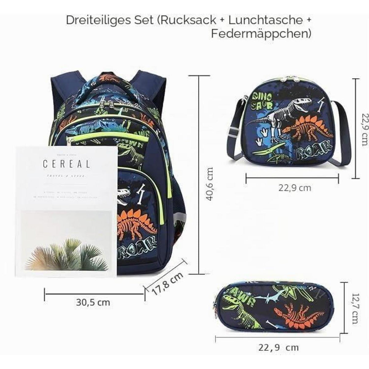 Kinder Rucksack Dino mit Lunchbox & Stiftekasten